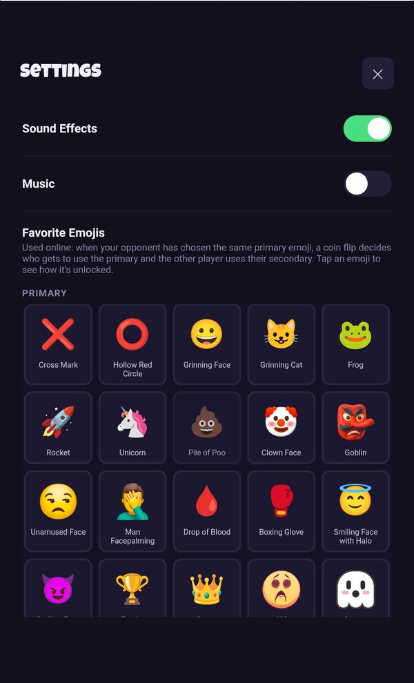Tic-Tac-Foe settings and emoji customization